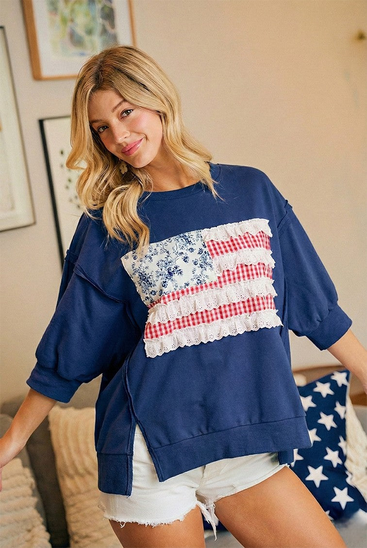 Pre-Order BiBi 4th Of July Patchwork Open Seam French Terry Top