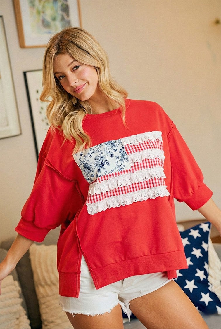 Pre-Order BiBi 4th Of July Patchwork Open Seam French Terry Top