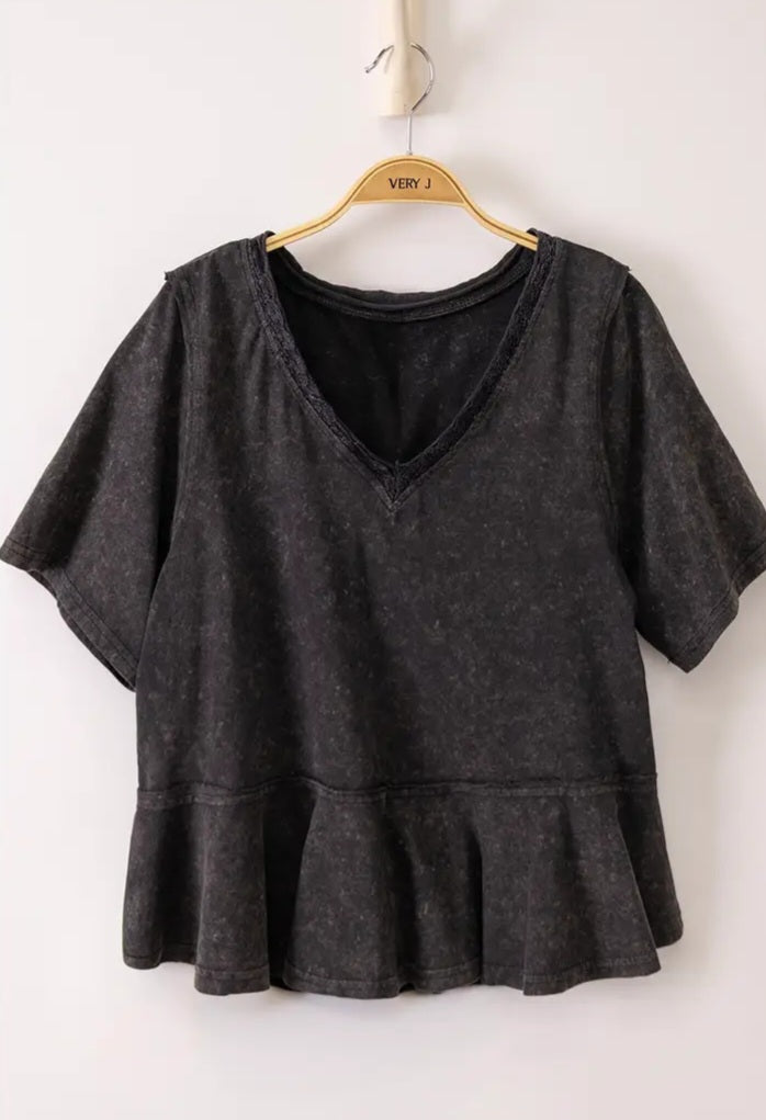 Lace Trim Detail Mineral Wash V-Neck Knit Top