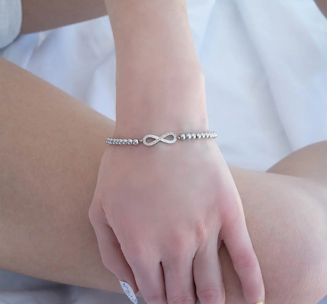 Stainless Steel Stone Infinity Sign Beaded Stretch Bracelet
