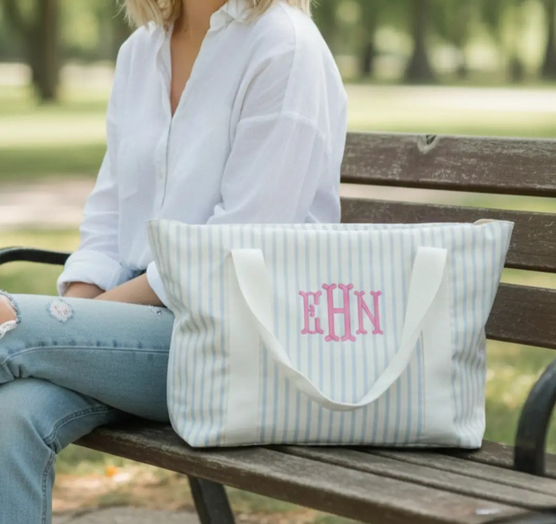 Embroidered Name or Monogram Striped Tote Bag