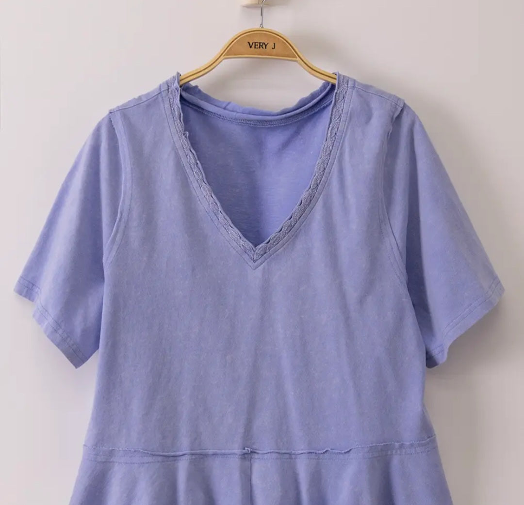 Lace Trim Detail Mineral Wash V-Neck Knit Top