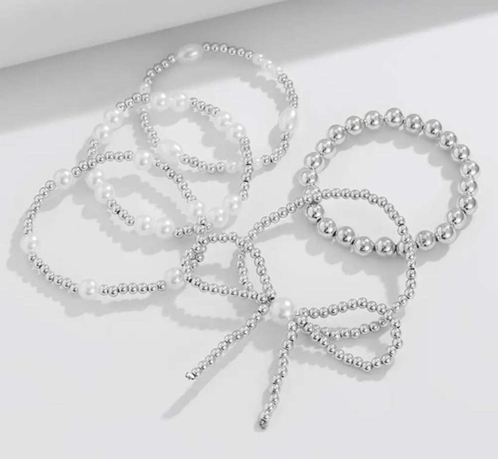 Bow Knot Pearl Beaded Bracelet Set