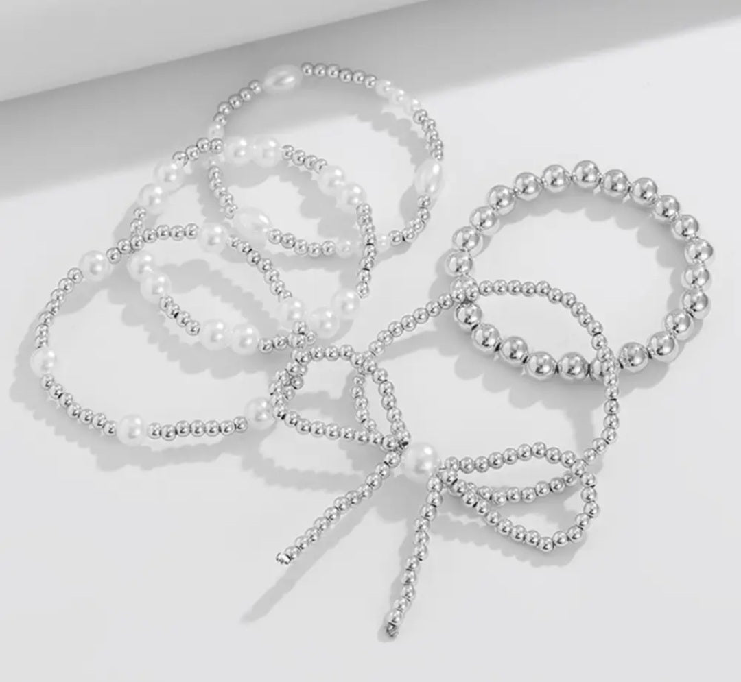 Bow Knot Pearl Beaded Bracelet Set