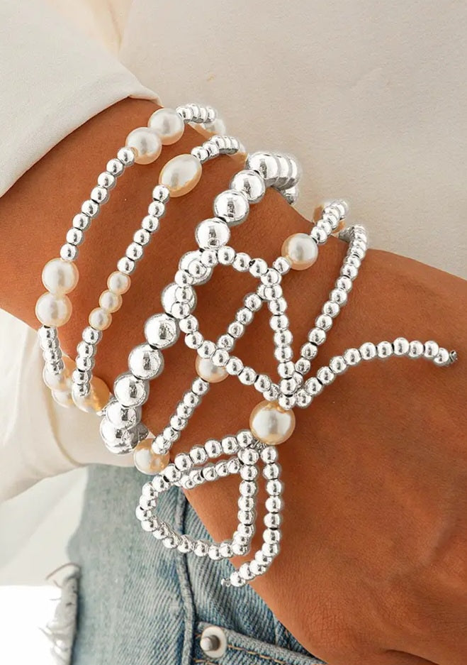 Bow Knot Pearl Beaded Bracelet Set