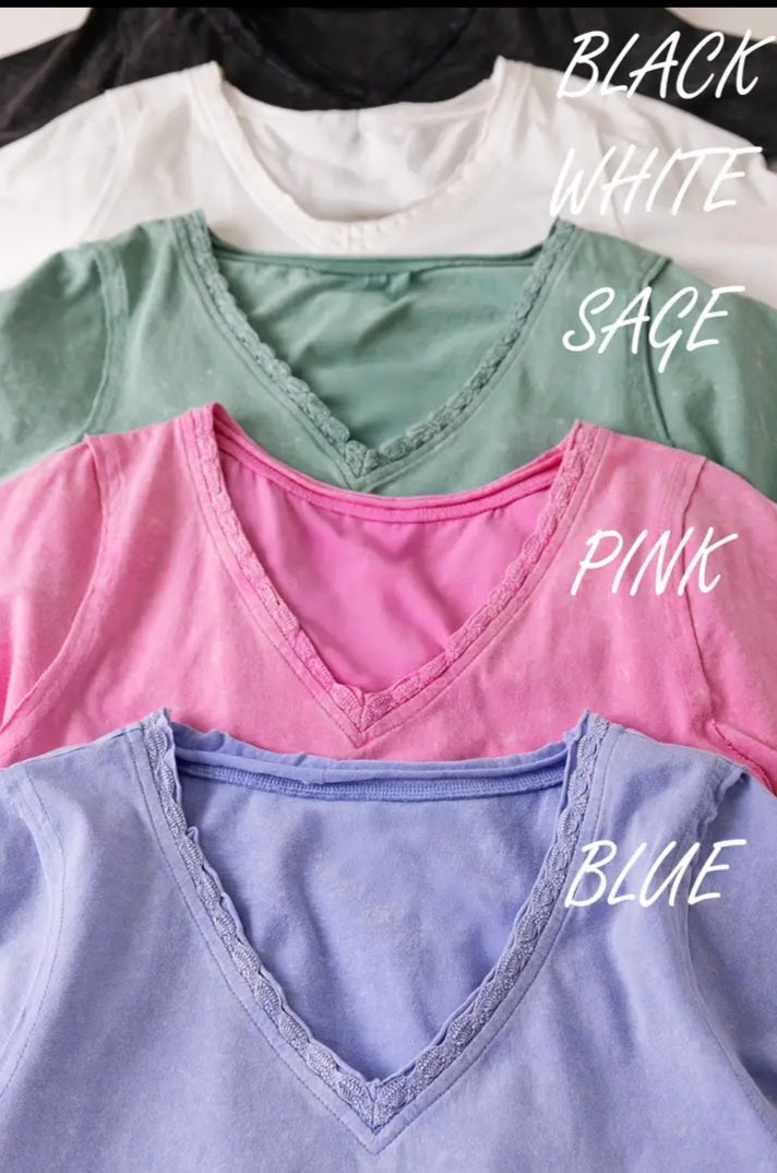 Lace Trim Detail Mineral Wash V-Neck Knit Top