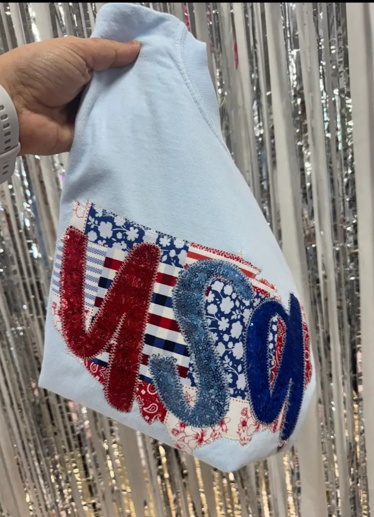 Patchwork USA Embroidered Patiotic Tee