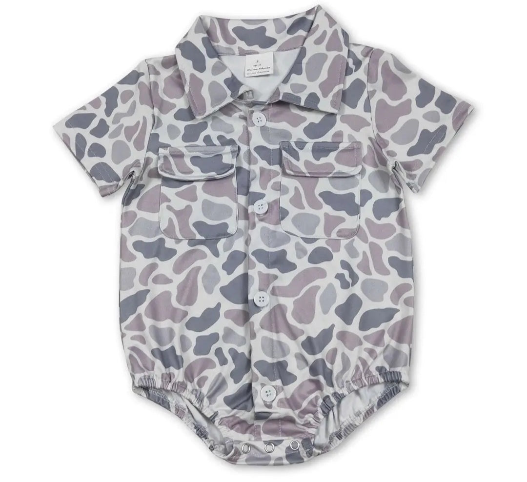 Grey Camo with Pockets Baby Boy Romper