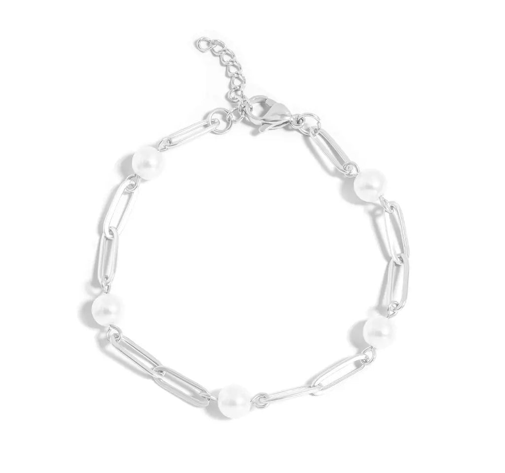 18K Gold Plated/Stainless Pearl Paperclip Bracelet