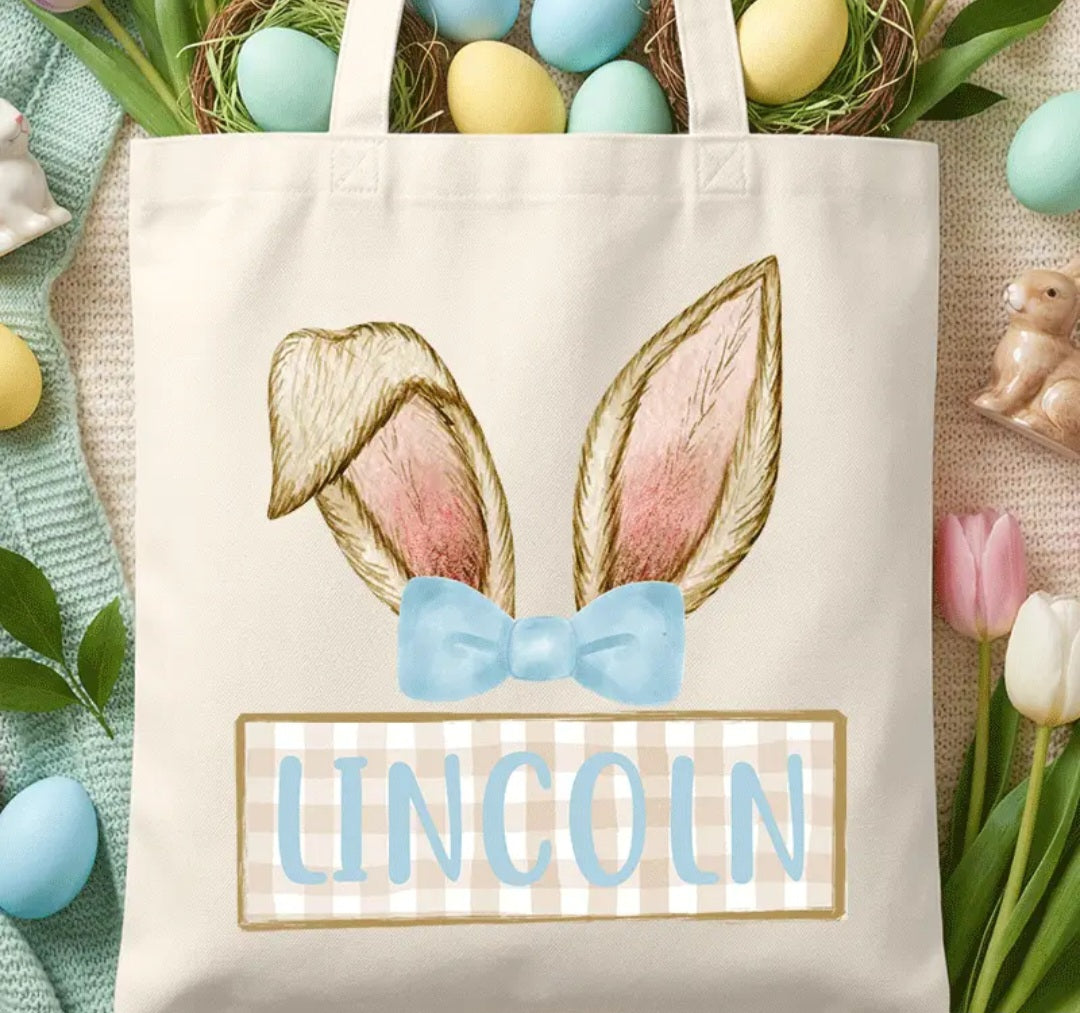 Custom Pink/Blue Coquette Bunny Ears Medium Canvas Tote