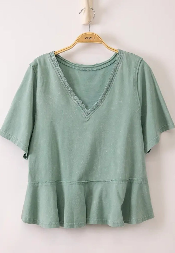 Lace Trim Detail Mineral Wash V-Neck Knit Top