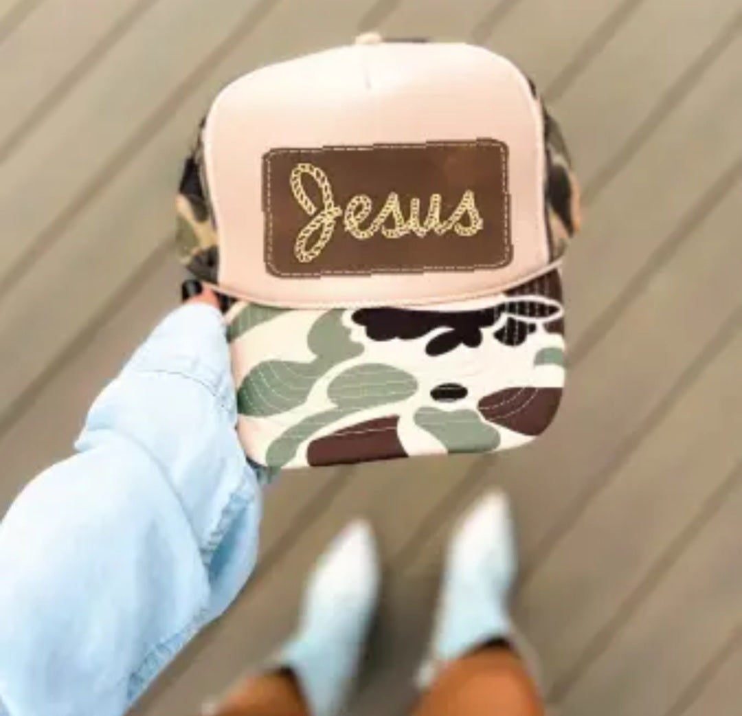 Jesus Faux Leather Patch DTF Printed Duck Camo & Tan Trucker Hat
