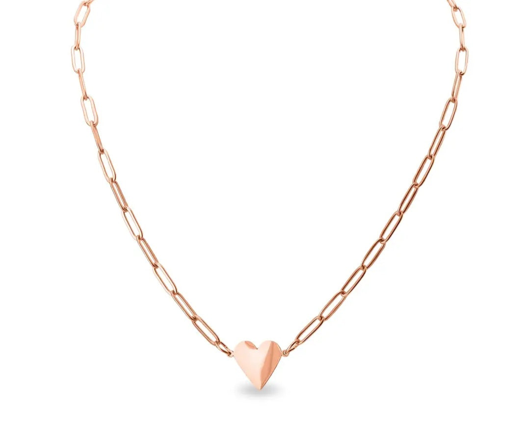 Rose Gold Stainless Steel Heart Charm Paperclip Necklace