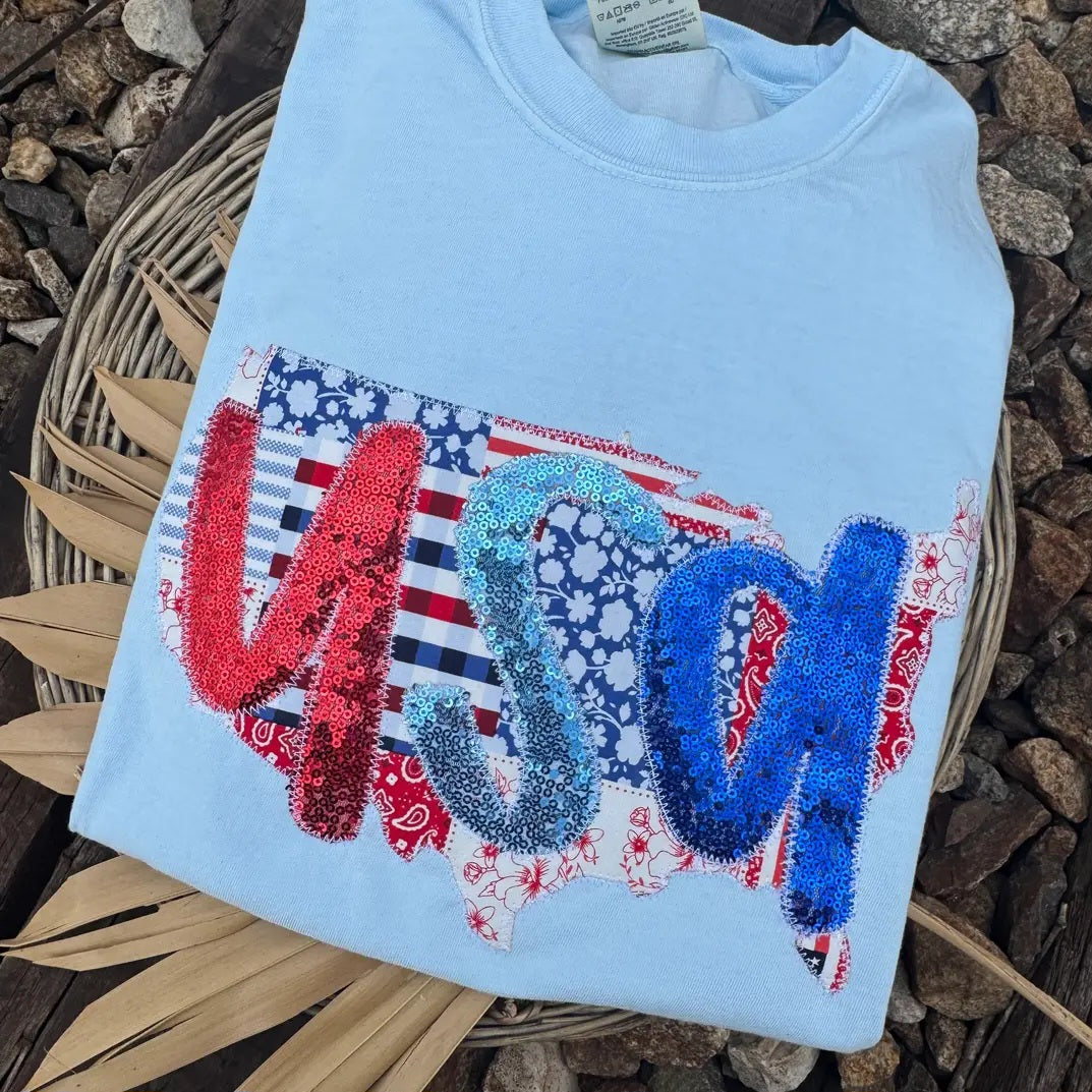 Patchwork USA Embroidered Patiotic Tee