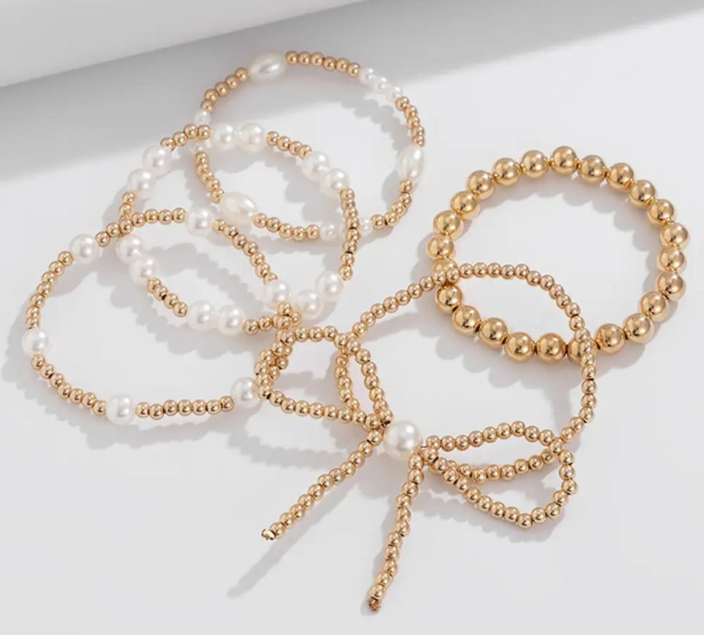 Bow Knot Pearl Beaded Bracelet Set