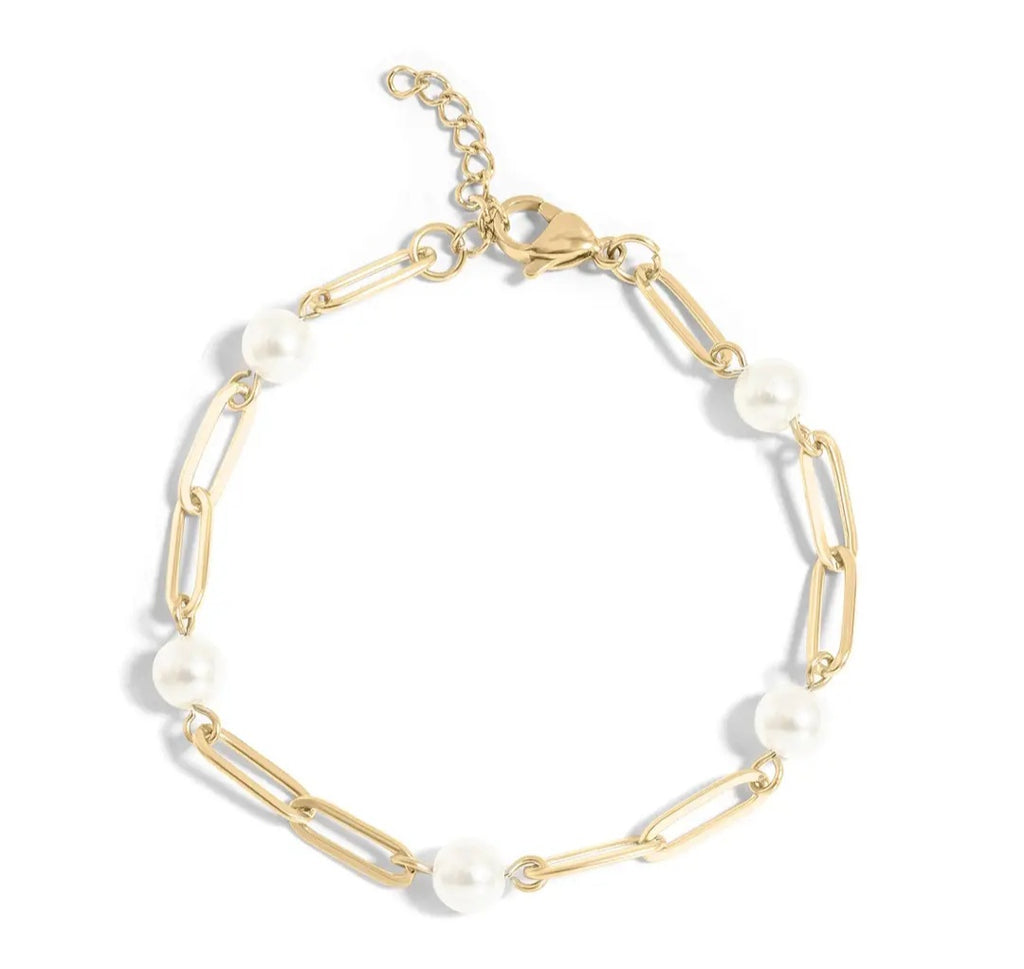 18K Gold Plated/Stainless Pearl Paperclip Bracelet