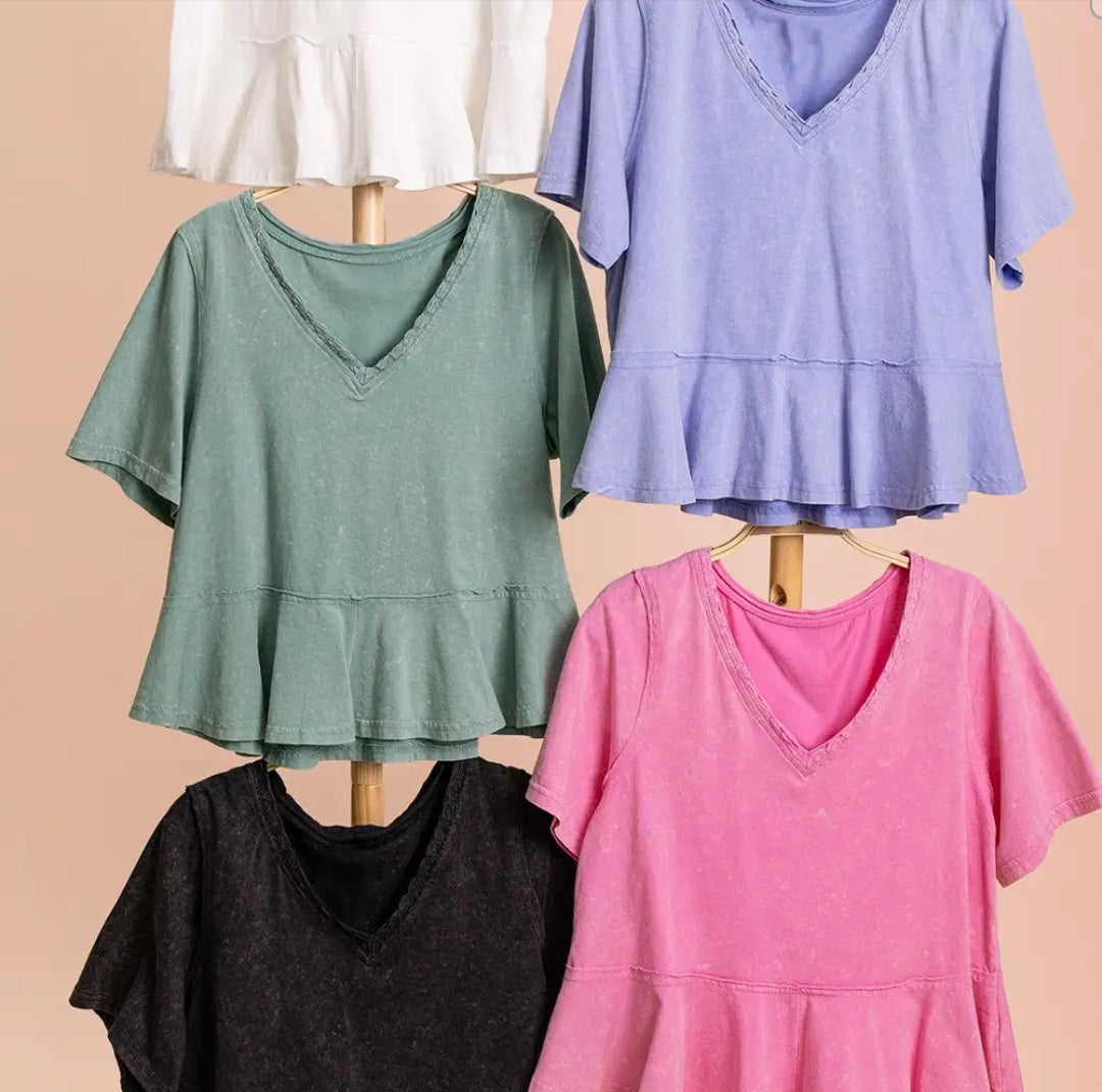 Lace Trim Detail Mineral Wash V-Neck Knit Top