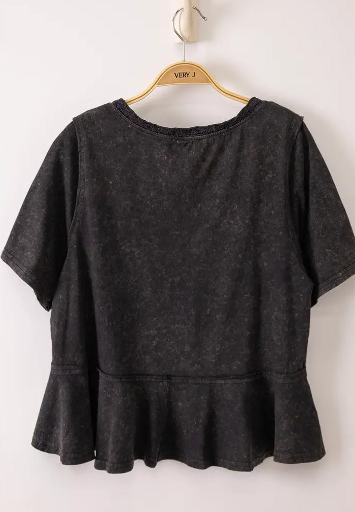 Lace Trim Detail Mineral Wash V-Neck Knit Top