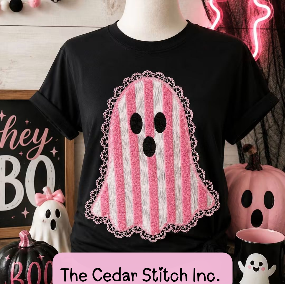 Pink & White Striped Fuzzy Ghost Tee Sheatshirt