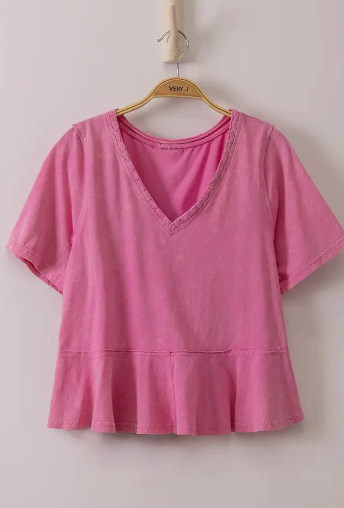 Lace Trim Detail Mineral Wash V-Neck Knit Top