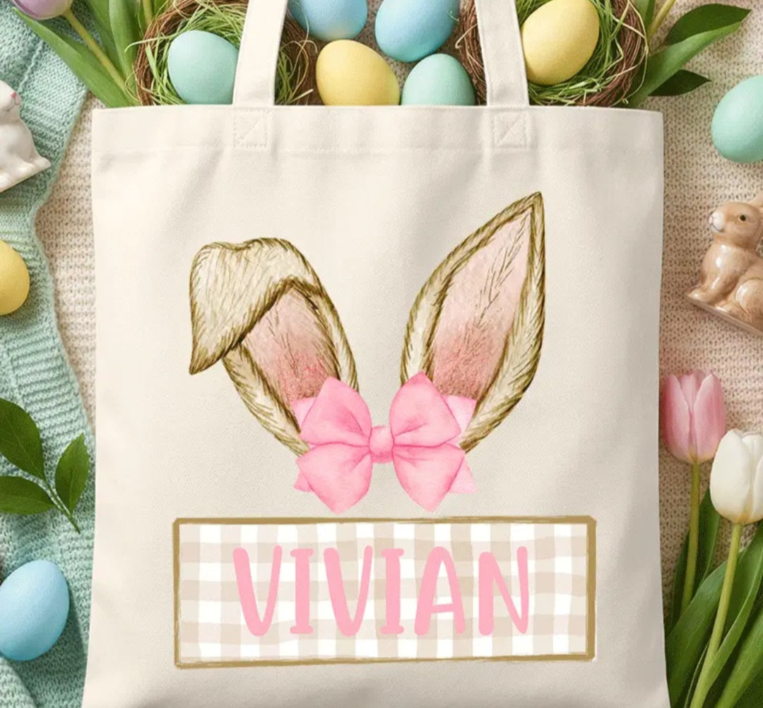 Custom Pink/Blue Coquette Bunny Ears Medium Canvas Tote
