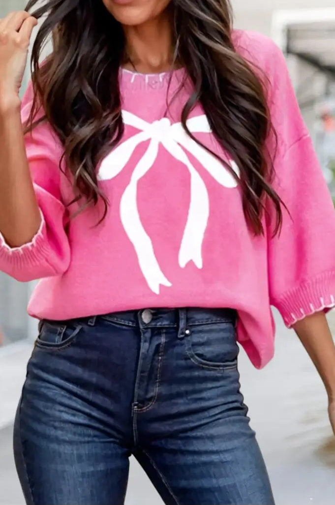 Pink Bow Print Stitch Trim Sweater