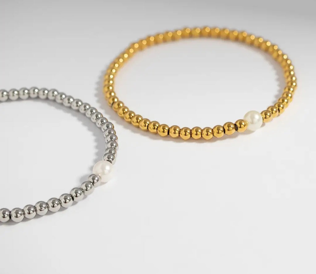 18K Gold PVD Stainless Steel Stretch Bracelet with Pearl 7mm