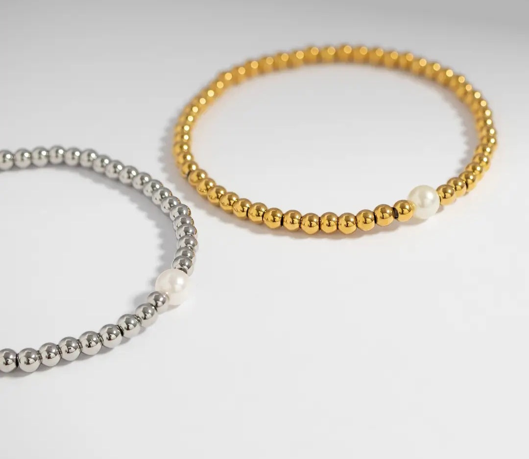 18K Gold PVD Stainless Steel Stretch Bracelet with Pearl 7mm
