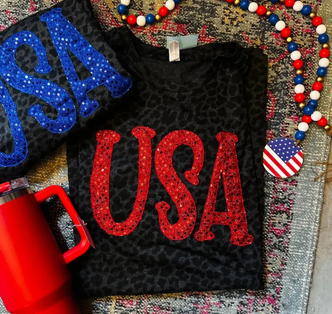 USA Glitter Applique Tee (Red/Blue)