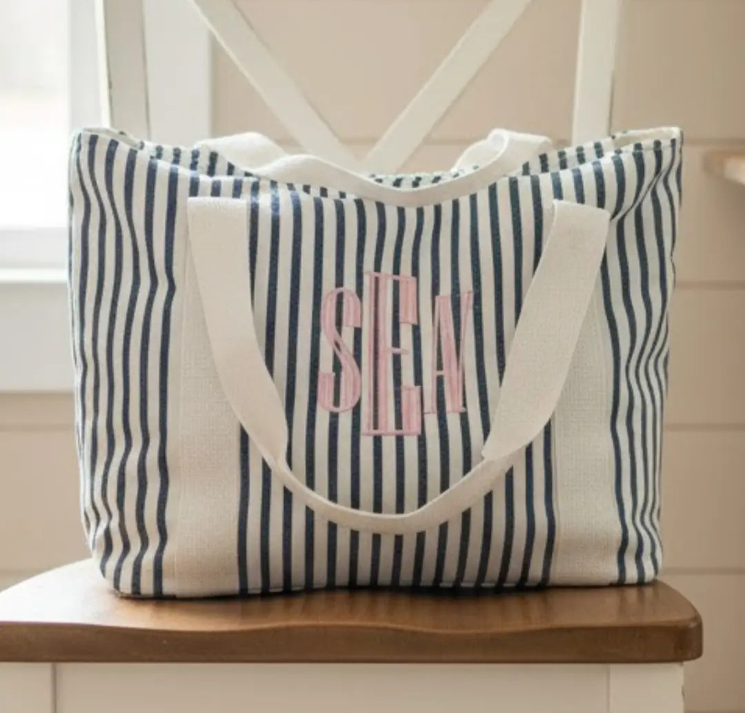 Embroidered Name or Monogram Striped Tote Bag